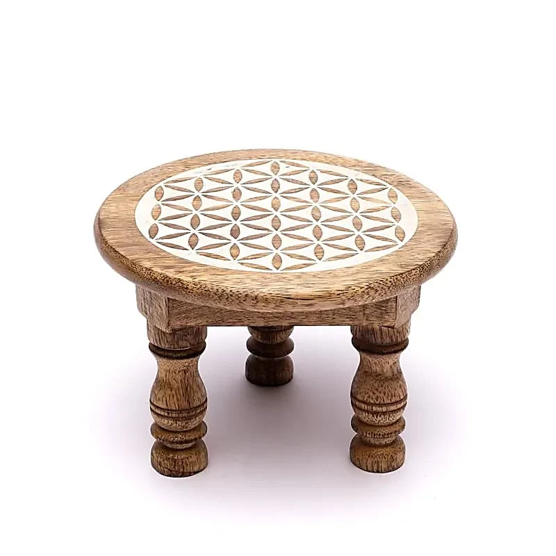 Petite table d'autel ronde motif Fleur de Vie finition blanchie