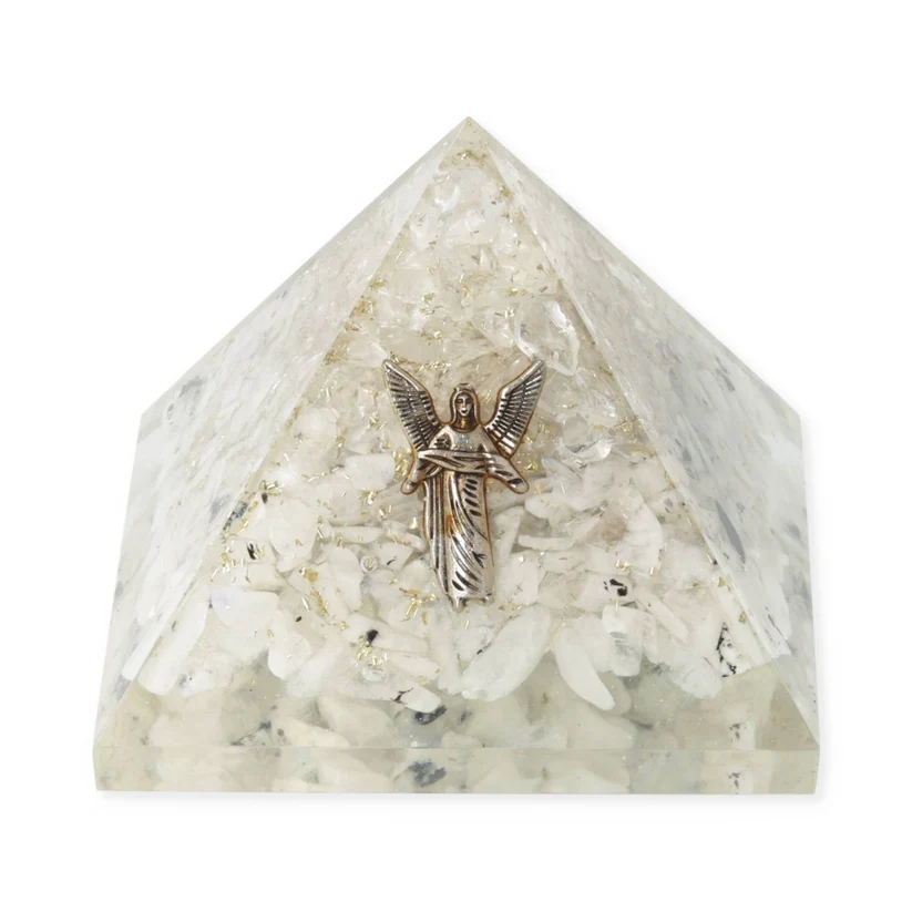 Pyramide d’orgonite pierre de lune arc-en-ciel et cristal de roche avec ange Gabriel 